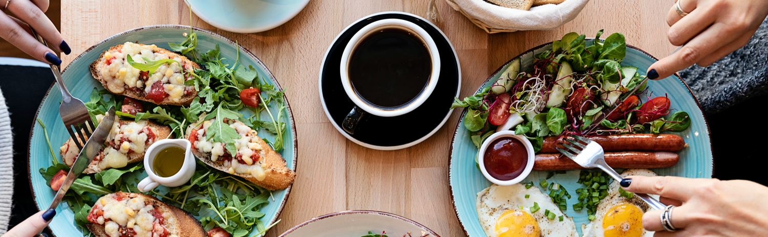 Aerial view of plates of food on table